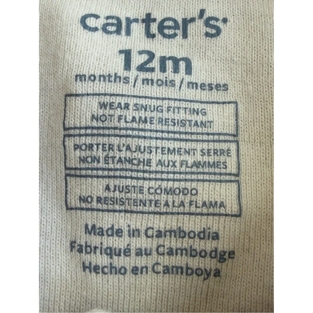 Carter’s Baby Long Sleeve Bear Print One Piece Zip Up Cotton Pajamas. 12 Months.
